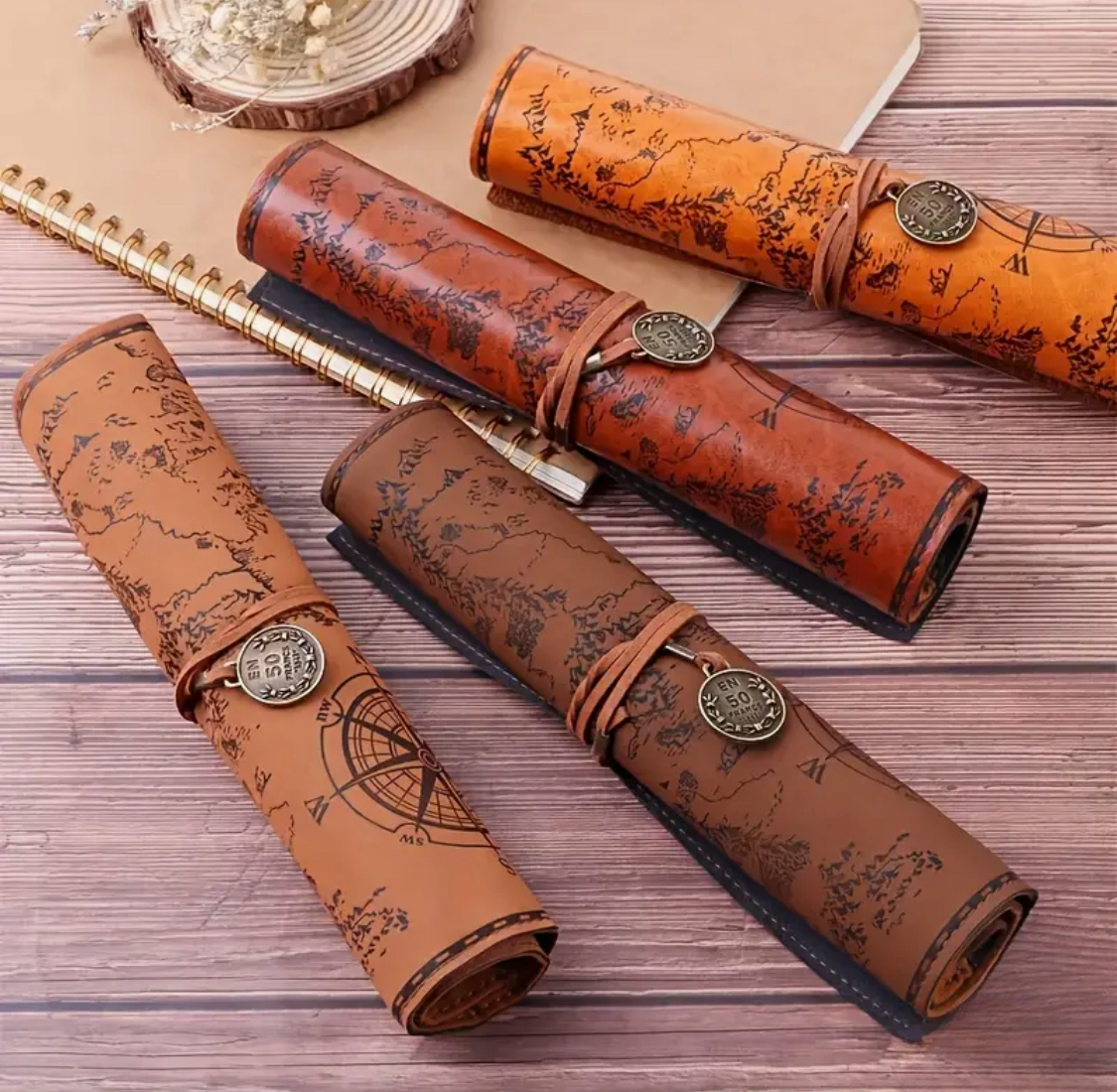 Creative Treasure Map Retro Pencil Case Leather Large Capacity Roll Pencil Bag Embossed Buckle Simple Stationery Box Roll Portable Pencil Drawing Bag Pen Holder - ReadMoreDXB