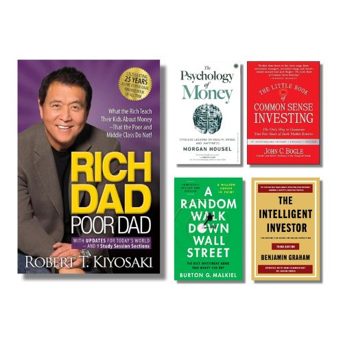 Collection of financial books with prominent titles and authors on a white background