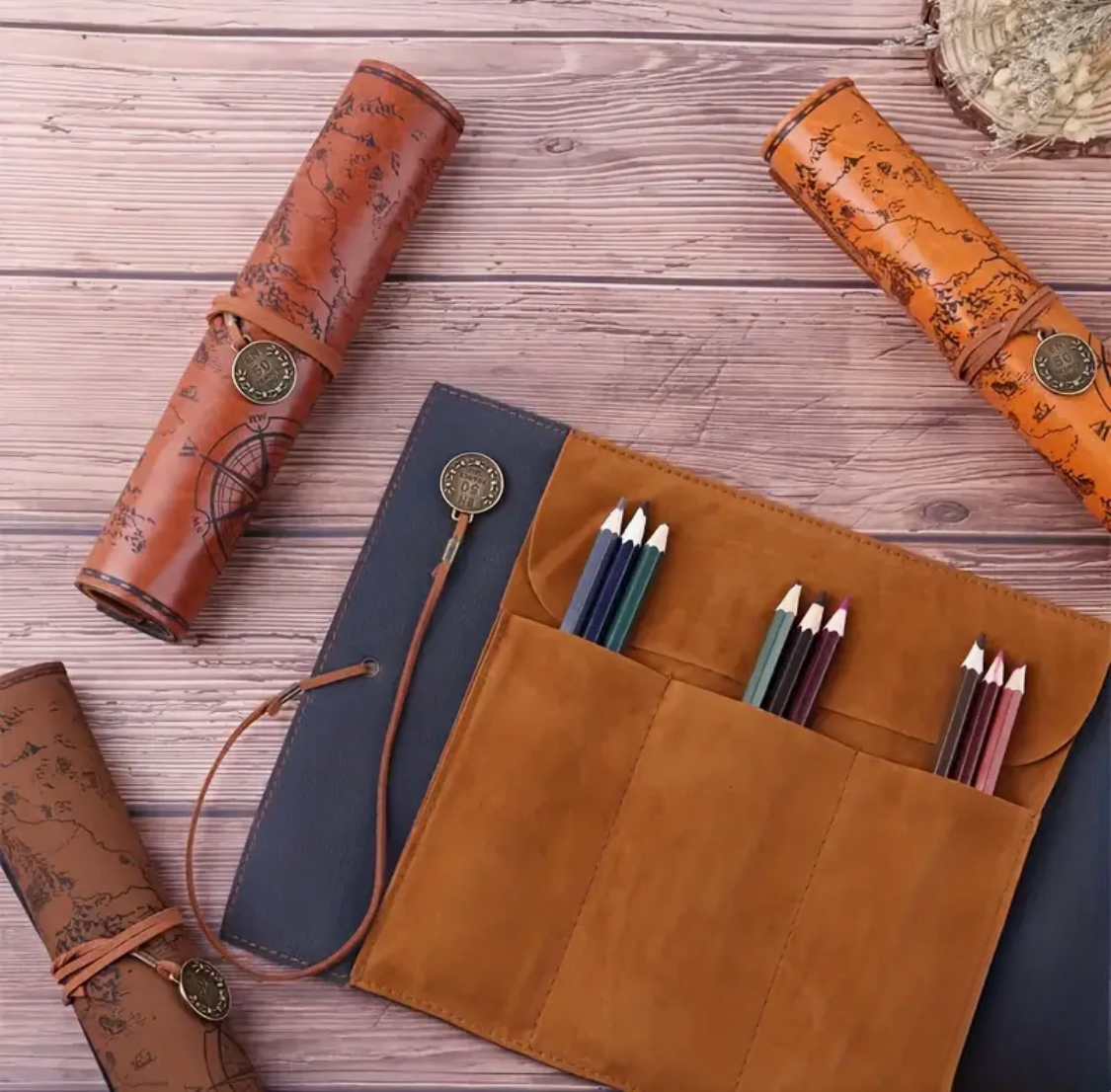 Creative Treasure Map Retro Pencil Case Leather Large Capacity Roll Pencil Bag Embossed Buckle Simple Stationery Box Roll Portable Pencil Drawing Bag Pen Holder - ReadMoreDXB