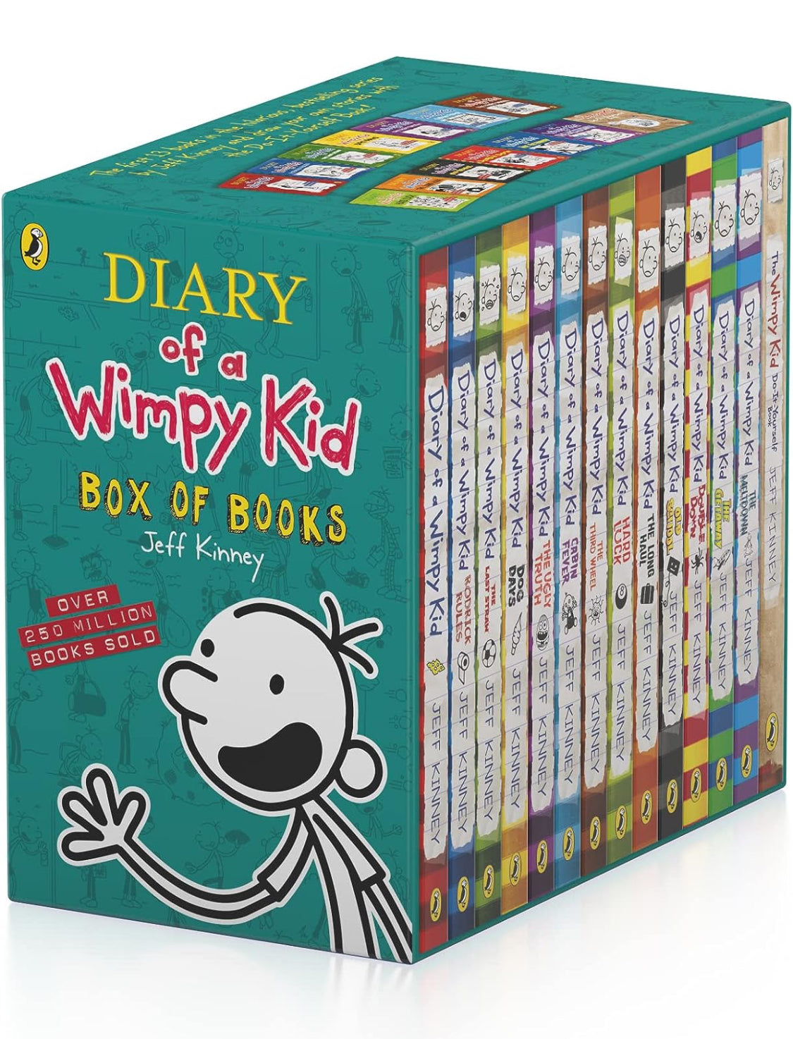 A box set of 'Diary of a Wimpy Kid' books by Jeff Kinney, featuring multiple colorful book covers and the character Greg Heffley on the front.