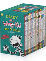 A box set of 'Diary of a Wimpy Kid' books by Jeff Kinney, featuring multiple colorful book covers and the character Greg Heffley on the front.