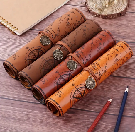 Creative Treasure Map Retro Pencil Case Leather Large Capacity Roll Pencil Bag Embossed Buckle Simple Stationery Box Roll Portable Pencil Drawing Bag Pen Holder - ReadMoreDXB
