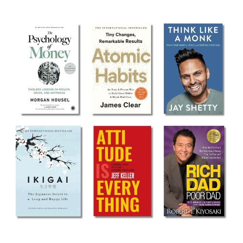 Collection of self-help books with authors' names on a white background