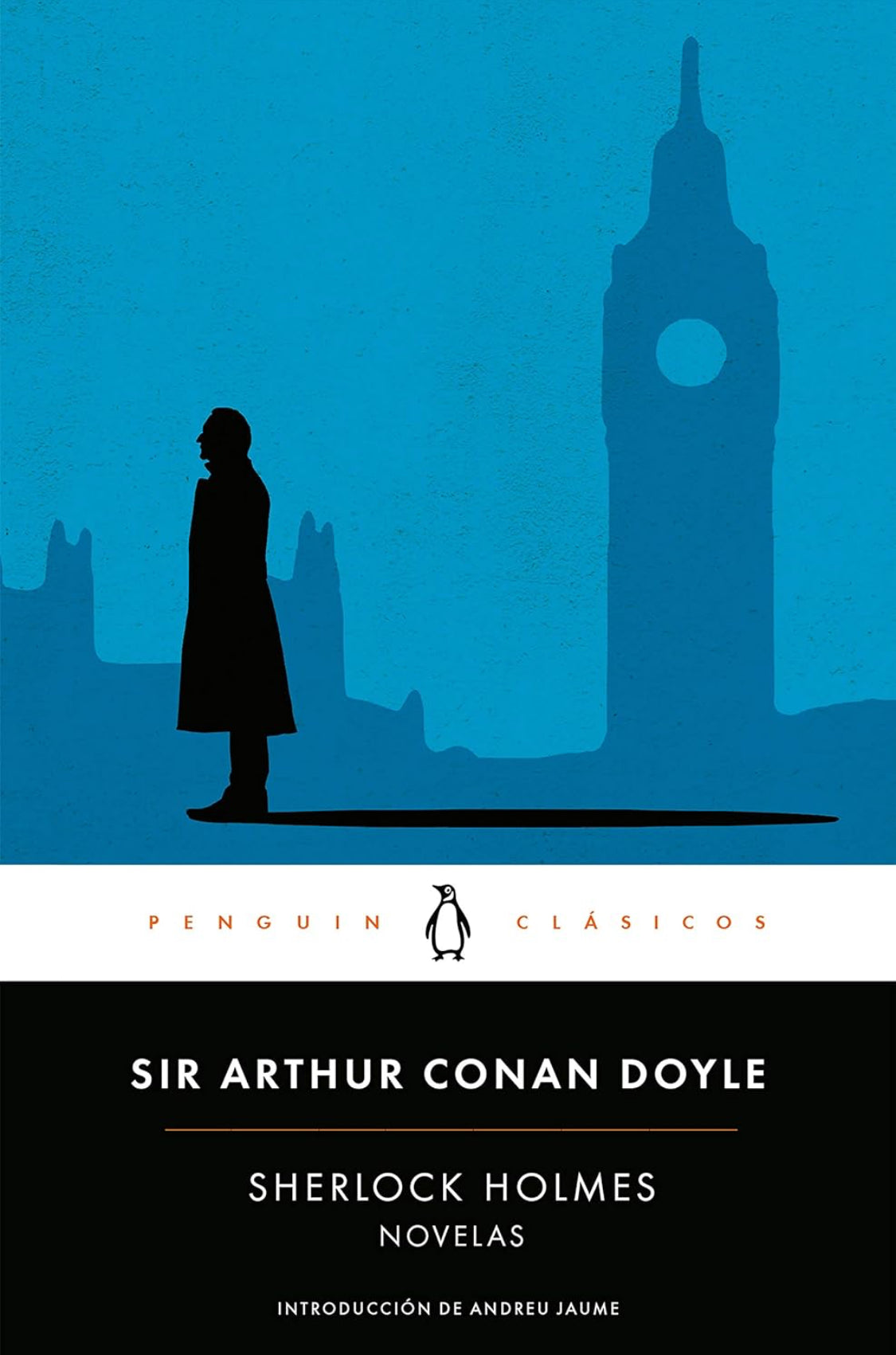 Cover of a Sherlock Holmes novel featuring a silhouette of Sherlock Holmes with a background of a London skyline including Big Ben.