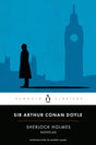 Cover of a Sherlock Holmes novel featuring a silhouette of Sherlock Holmes with a background of a London skyline including Big Ben.