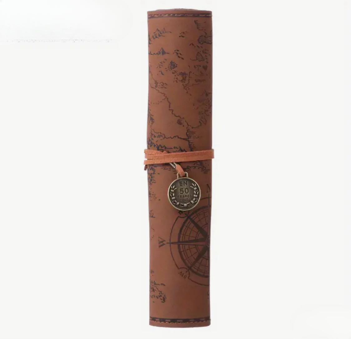 Creative Treasure Map Retro Pencil Case Leather Large Capacity Roll Pencil Bag Embossed Buckle Simple Stationery Box Roll Portable Pencil Drawing Bag Pen Holder - ReadMoreDXB