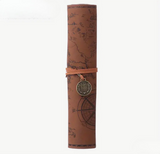 Creative Treasure Map Retro Pencil Case Leather Large Capacity Roll Pencil Bag Embossed Buckle Simple Stationery Box Roll Portable Pencil Drawing Bag Pen Holder - ReadMoreDXB