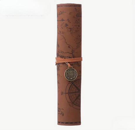 Creative Treasure Map Retro Pencil Case Leather Large Capacity Roll Pencil Bag Embossed Buckle Simple Stationery Box Roll Portable Pencil Drawing Bag Pen Holder - ReadMoreDXB